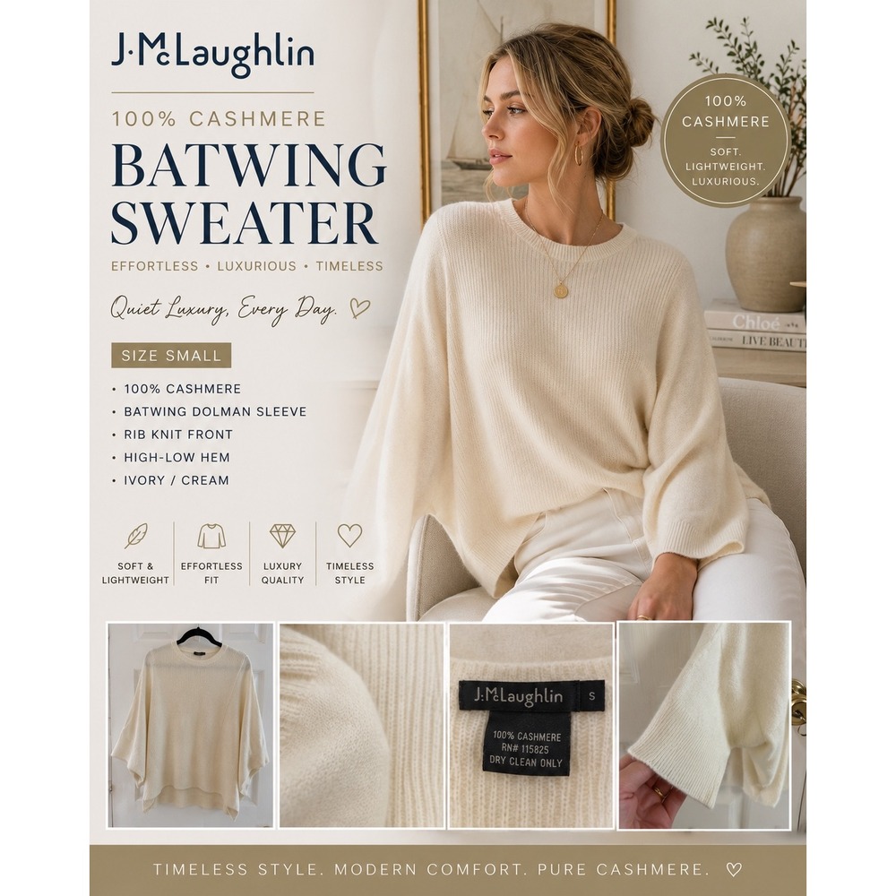 J. McLaughlin 100% Cashmere Batwing Dolman Ivory Sweater Quiet Luxury S
